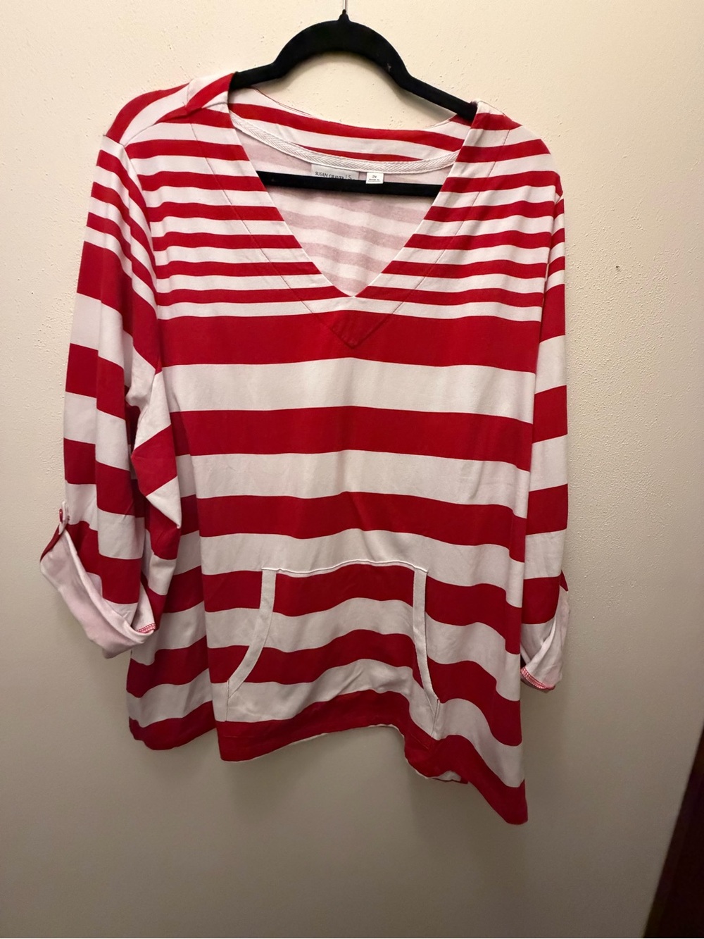Susan Graver Red & White Striped V-Neck Pullover Hoodie